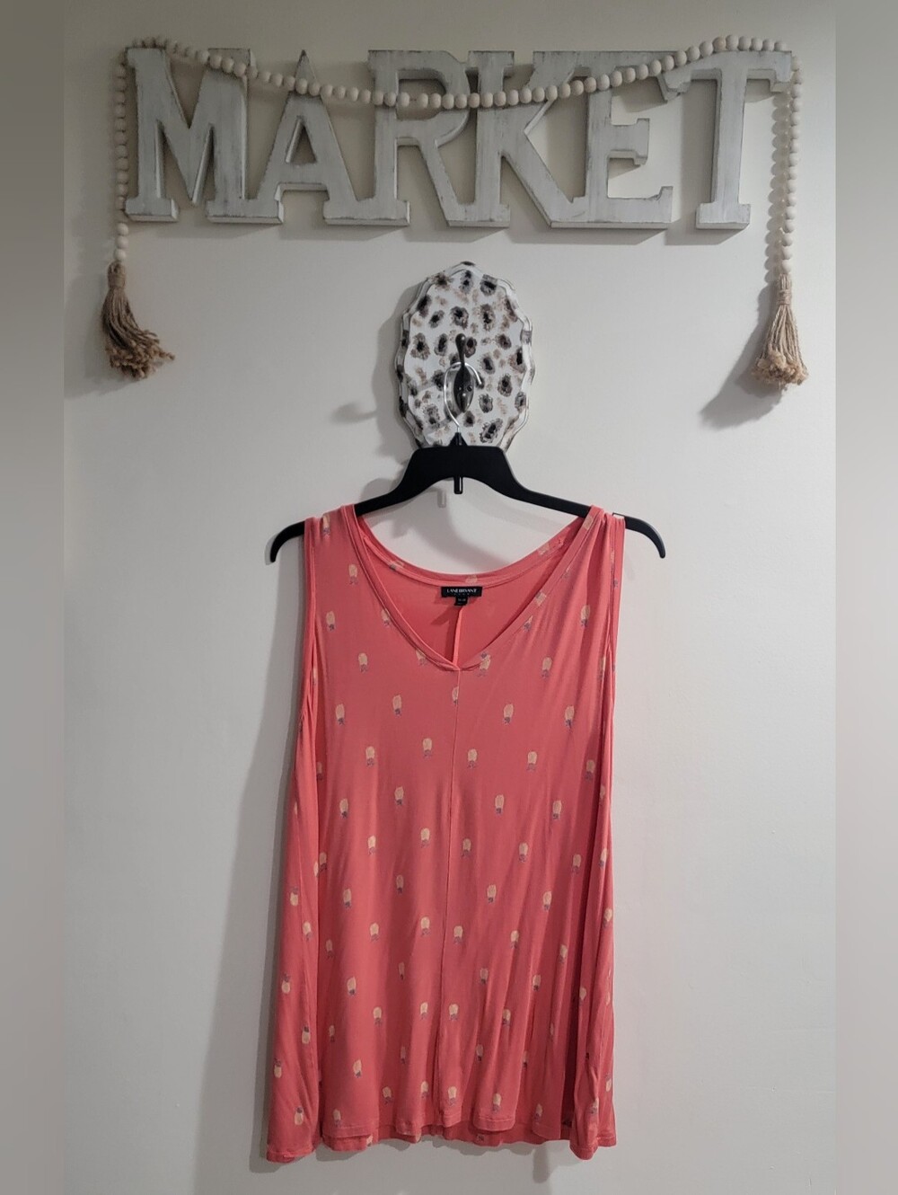 Lane Bryant Coral Pink Tank Top with Tiny Cream Print